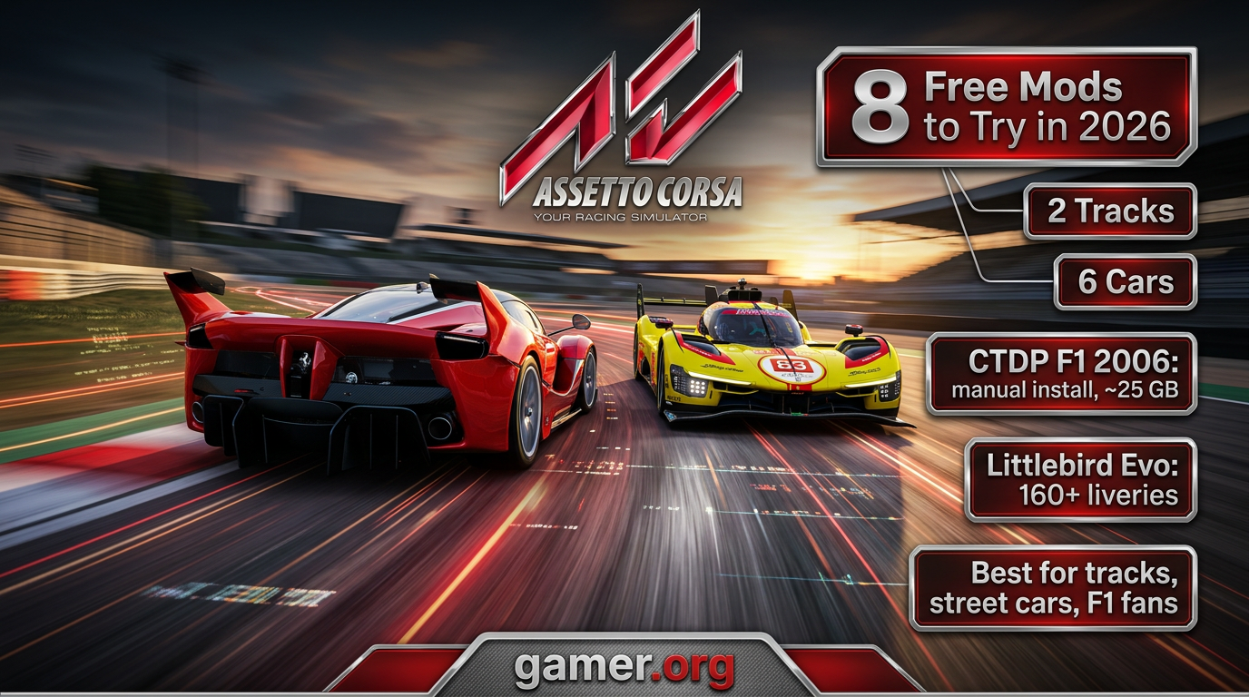 Assetto Corsa mods | 8 free picks for players who want better tracks, lively road cars, a proper 2006 F1 season pack, and one CSP-heavy hypercar without wasting time on random downloads